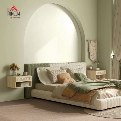 HOMCOM Floating Nightstand Set of 2, Nordic Wall Mounted Bedside Table with Drawer and Open Shelf for Bedroom, Natural Wood