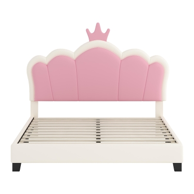 Full Size Upholstered Princess Bed with Crown Headboard, Solid Poplar Wood Frame, Bed Frame for Children, 80" L x 61.5" W x 44" H, Cream