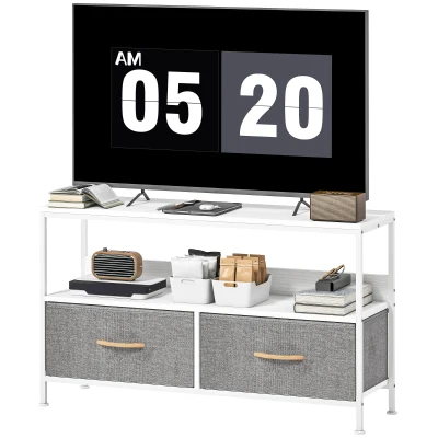HOMCOM TV Stand with Charging Station, TV Table with 2 Foldable Linen Drawers and Open Shelf for 47 Inch Television, White