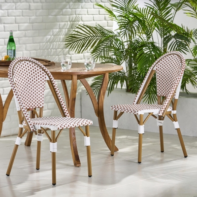 Set of 2 French Bistro Chairs with PE Rattan and Aluminium Frame, Outdoor Chairs with Bamboo Print Finish, 18.5'' L x 21.5'' W x 35'' H, White+Red