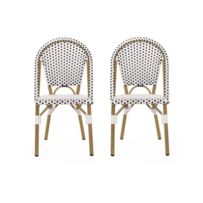 Set of 2 French Bistro Chairs with PE Rattan and Aluminium Frame, Outdoor Chairs with Bamboo Print Finish, 18.5'' L x 21.5'' W x 35'' H, White+Black