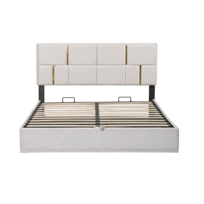 Queen Size Upholstered Platform Bed with Hydraulic Storage, MDF and Plywood Frame, Bed Frame for Living Room, 85" L x 64.5" W x 41" H, Beige