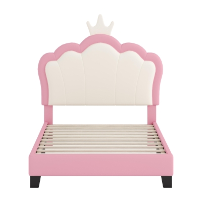 Twin Size Upholstered Princess Bed with Crown Headboard, Solid Poplar Wood Frame, Bed Frame for Children, 80" L x 41.5" W x 44" H, Pink
