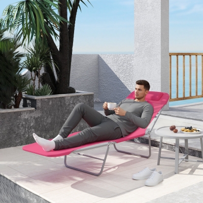 Outsunny Outdoor Lounge Chair, Portable Reclining Seat, Folding Chaise Lounge, Tanning Chair Bed with Pillow, Pink
