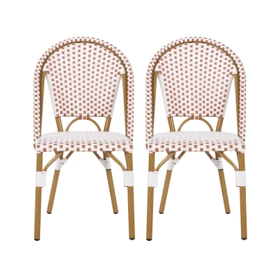 Set of 2 French Bistro Chairs with PE Rattan and Aluminium Frame, Outdoor Chairs with Bamboo Print Finish, 18.5'' L x 21.5'' W x 35'' H, White+Red