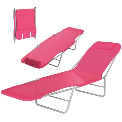 Outsunny Outdoor Lounge Chair, Portable Reclining Seat, Folding Chaise Lounge, Tanning Chair Bed with Pillow, Pink