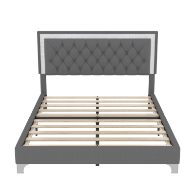 Queen Size Upholstered Bed Frame with LED Lights, Modern Velvet Platform Bed with Tufted Headboard, 84" L x 64" W x 44.5" H, Gray