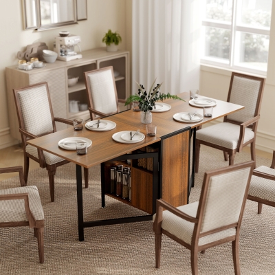 HOMCOM Multi-use Foldable Table with Hideaway Shelves, Drop Leaf Table for Kitchen, Dining, Study and Office, Brown