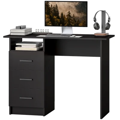 HOMCOM Computer Desk with Storage, 39" Home Office Desk with 3 Drawers nad Open Shelf, Writing Table for Bedroom, Black