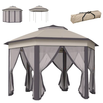 Outsunny 13' x 13' Pop Up Canopy Tent with Netting and Carry Bag, Instant Sun Shelter, Hexagon Tents for Parties, Outdoor, Garden, Patio, Coffee and Beige
