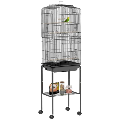 PawHut 62" Rolling Bird Cage Cockatoo House Play Top Finch Pet Supply with Storage Shelf, Wheels - Black