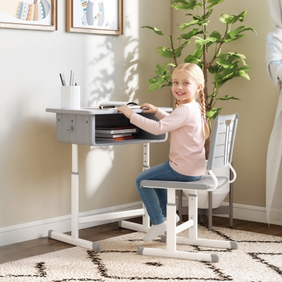 Qaba Kids Desk and Chair Set, Height Adjustable Children Study Desk and Chair with Drawer, Study Table for Bedroom, Grey