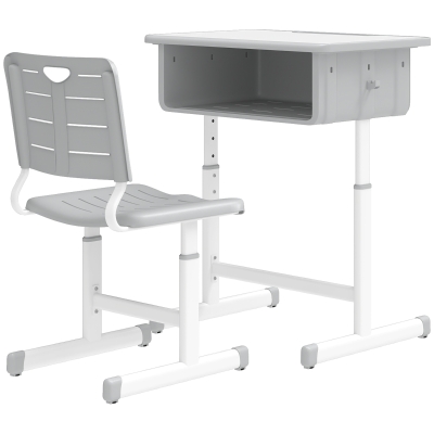 Qaba Kids Desk and Chair Set, Height Adjustable Children Study Desk and Chair with Drawer, Study Table for Bedroom, Grey