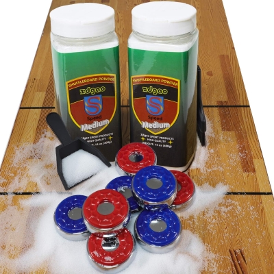 Complete Shuffleboard Accessory Bundle — 8 Pucks, 2 Cans Medium-Speed Wax, Mini Brush & Dustpan