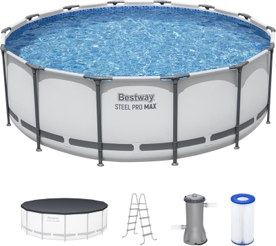 Bestway Steel Pro MAX 14-Foot x 48-Inch Round Above-Ground Pool Set, Gray — Metal Frame with Filter Pump, Ladder & Cover
