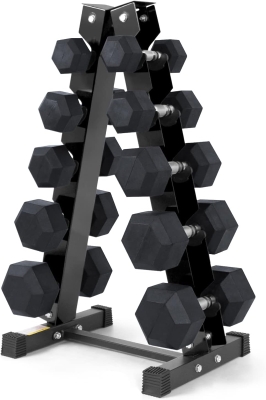 RitFit Rubber-Encased Hex Dumbbell Set (350 lb Total) with 6-Tier Rack — Coated Hand Weights for Home Gym Training