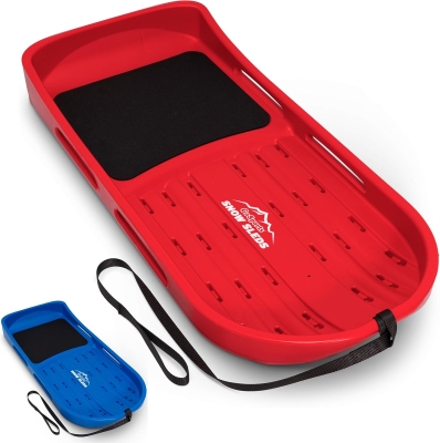 GoSports 2-Person Premium 4 ft Snow Sled — Double-Walled HDPE with Padded Seat, Dual Handles & Hand Pull Strap (Red or Blue)