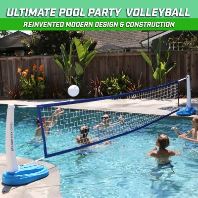GoSports Splash Net PRO Pool Volleyball Set — Adjustable Inground Pool Net (up to 25 ft) with 2 Water Volleyballs and Pump — Red/White/Blue