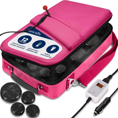 SereneLife Portable Electric Hot Stone Warmer Set — Digital Spa Heater with 6 Large & 6 Small Round Basalt Massage Stones, Pink