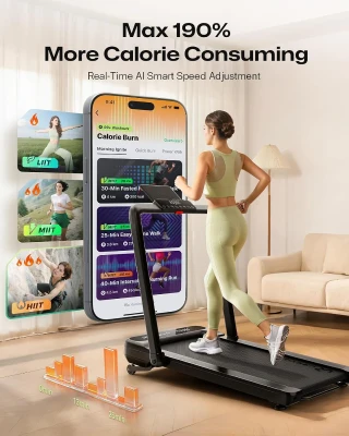 UREVO Smart Treadmill with 9% Auto Incline, UREVO App, AI-Powered Music Courses, HIIT Programs & One-Click Mute