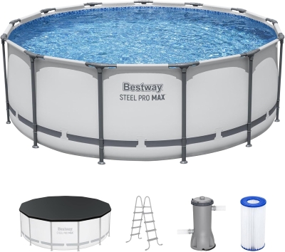 Bestway Steel Pro MAX 13-Foot x 48-Inch Round Above-Ground Pool Set, Gray — Metal Frame with Filter Pump, Ladder & Cover