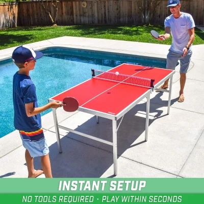 GoSports Mid-Size Portable Table Tennis Set – 6' x 3' Indoor/Outdoor Table with Net, 2 Paddles and 4 Balls (Red or Blue)