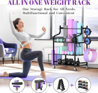 Mythinglogic Home Gym Storage Rack — Yoga Mat & Equipment Organizer with Hooks, Side Basket, 3 Mesh Shelves and Locking Wheels