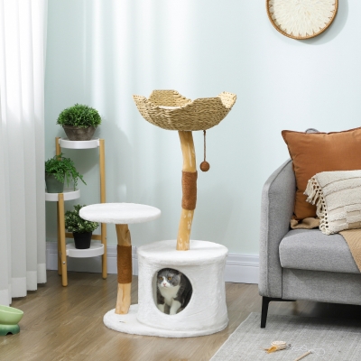 PawHut 40" Real Wood Cat Tree, Cat Tower for Indoor Large Adult Cats with Scratching Posts, Condo, Perch, Washable Cushion,