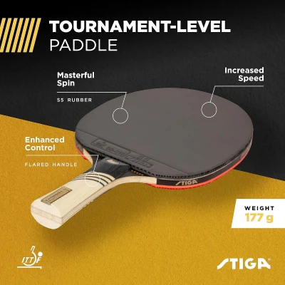 STIGA Carbon+ Bundle Paddle Set — 7-Ply Lightweight Carbon Blade, 2mm Premium Sponge, Concave Handle, Includes Two 3-Star Balls, Cover & Wristband