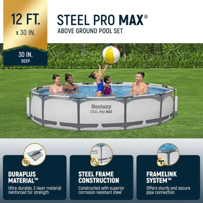 Bestway Steel Pro MAX 12' x 30"" Round Above-Ground Pool Set — Outdoor Metal Frame Family Pool with Filter Pump, Gray