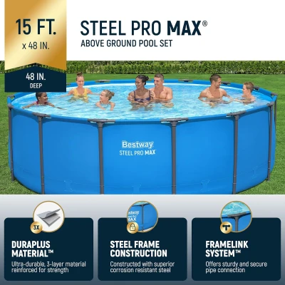 Bestway Steel Pro MAX 15' x 48"" Round Metal Frame Above-Ground Backyard Pool for Families (Pool Only)