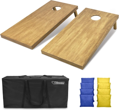 GoSports 4' x 2' Regulation Wooden Cornhole Boards Set – Light Brown Finish with Carrying Case & Royal Blue and Yellow Bean Bags