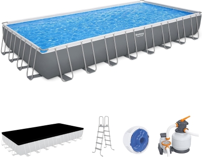 Bestway Power Steel 31 ft 4 in x 16 ft x 52 in Rectangular Metal Frame Above-Ground Pool Kit with 2,200 GPH Sand Filter, Ladder and Cover - Grey
