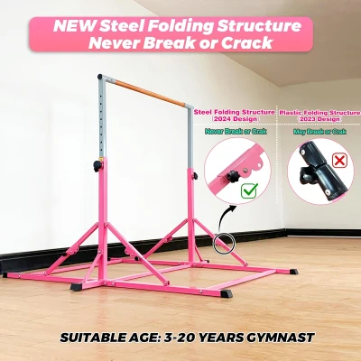 Marfula Professional Foldable Gymnastics Kip Bar for Kids & Teens (Ages 3-25) – 5 ft Length, 4 ft Width, Adjustable 36–60 in Height (13 Levels) with Mat – Home & Club Training Equipment