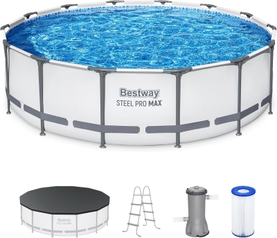 Bestway Steel Pro MAX 14' x 42"" Round Above-Ground Pool Set — Metal Frame Family Pool with Filter Pump, Ladder & Cover, Gray