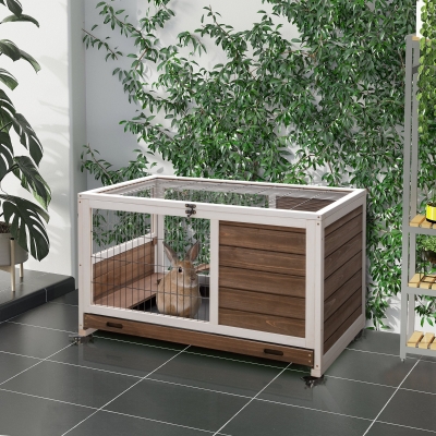 PawHut Wooden Indoor Rabbit Hutch Elevated Bunny Cage Habitat with Enclosed Run with Wheels, Ideal for Rabbits and Guinea Pigs, Brown