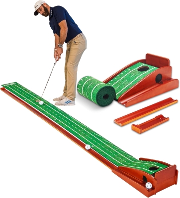 Perfect Practice 8-Foot Portable Putting Mat with Auto Ball Return — Indoor/Outdoor Training Aid Co-Developed with Dustin Johnson