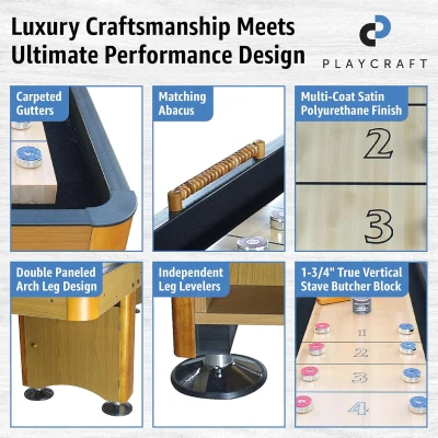 Playcraft Woodbridge Premium Shuffleboard Table with Cabinet Storage — Game Package with Abacus, 8 Pucks, Brush & USA Wax — Pro Climate Adjustment System