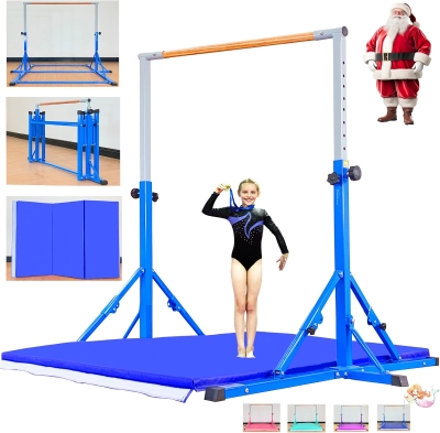 Marfula Foldable Gymnastic Kip Bar with Mat for Kids and Teens (Ages 3–20), 5 ft Rail, 4 ft Base, Adjustable 36–60 in Height – Training Equipment for Home and Club