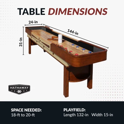 Hathaway Merlot 12-Foot Shuffleboard Table — Walnut Finish, Lacquered 1.75"" Birch Playfield, Built-In Scorer & Cabinet, Climate Adjusters