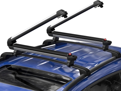 BougeRV Lockable Ski & Snowboard Rack — 28"" Sliding Extension, Holds 6 Pairs of Skis or 4 Snowboards, Crab-Style Mount for Square/Aero/Oval Crossbars