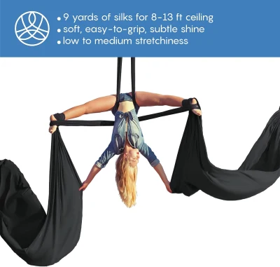 9-Yard Aerial Silks Starter Kit – Durable Tricot Aerial Yoga Hammock with Hardware & Guide, Aerial Swing for Acrobatic Flying Yoga & All Levels (Rigging Point up to 13 ft)