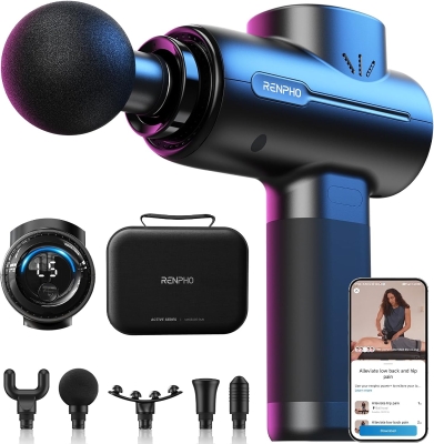 RENPHO Deep Tissue Massage Gun — Portable Percussion Muscle Massager with Bluetooth App Control, Handheld for Back & Neck with Carry Case — Gift for Men & Women