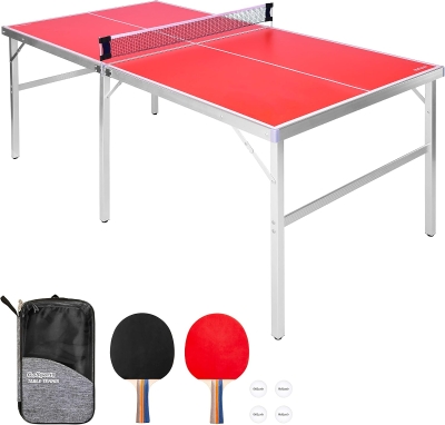 GoSports Mid-Size Portable Table Tennis Set – 6' x 3' Indoor/Outdoor Table with Net, 2 Paddles and 4 Balls (Red or Blue)