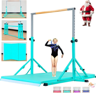 MARFULA Adjustable Gymnastics Kip Bar with Mat (5 ft) - Foldable, Height 36–60 in, 13 Levels, 6-Point Support for Kids & Teens