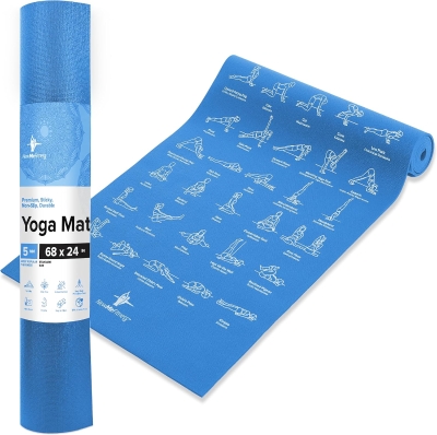 NewMe Fitness Large Yoga Mat for Men & Women – 5mm Thick, 68"" Long Non-Slip Exercise Mat with 70 Printed Poses for Pilates, Workouts and Stretching