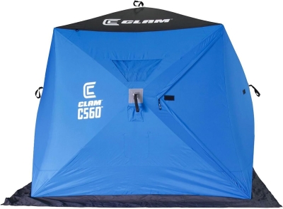 CLAM 14476 C-560 7.5 ft Lightweight Pop-Up Hub Shelter - Portable 3-4 Person Ice Fishing Tent with Anchors and Carrying Bag