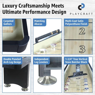 Playcraft Woodbridge Shuffleboard Table with Storage Cabinet — USA-Made, Pro-Style Climate Adjusters, Matching Abacus, 8 Pucks, Brush & Speed Wax