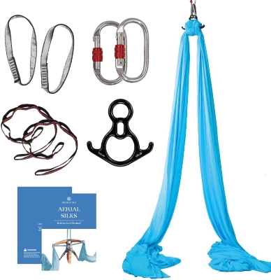 9-Yard Aerial Silks Starter Kit – Durable Tricot Aerial Yoga Hammock with Rigging Hardware & Instruction Guide, Aerial Swing for Acrobatic/Flying Yoga (Rigging Point up to 13 ft)