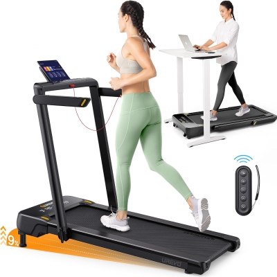 UREVO Smart Treadmill with 3-Level Auto Incline (5–9%), UREVO App, AI Music & HIIT Courses, Foldable Under-Desk Design with Remote